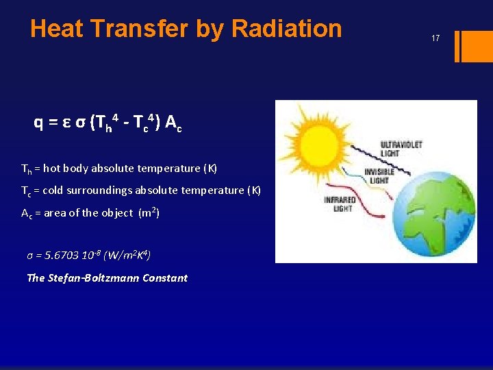 Heat Transfer by Radiation q = ε σ (Th 4 - Tc 4) Ac