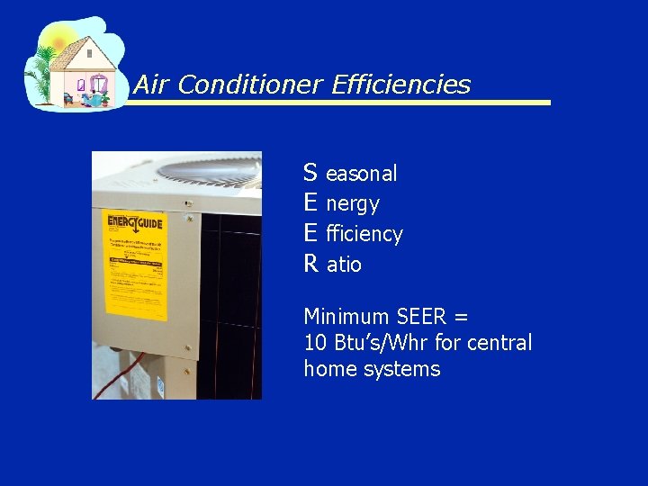 Air Conditioner Efficiencies S easonal E nergy E fficiency R atio Minimum SEER =