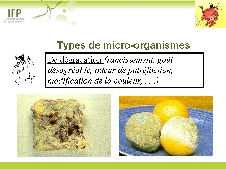 Types de micro-organismes De dégradation (rancissement, goût désagréable, odeur de putréfaction, modification de la
