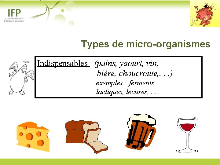 Types de micro-organismes Indispensables (pains, yaourt, vin, bière, choucroute, . . . ) exemples