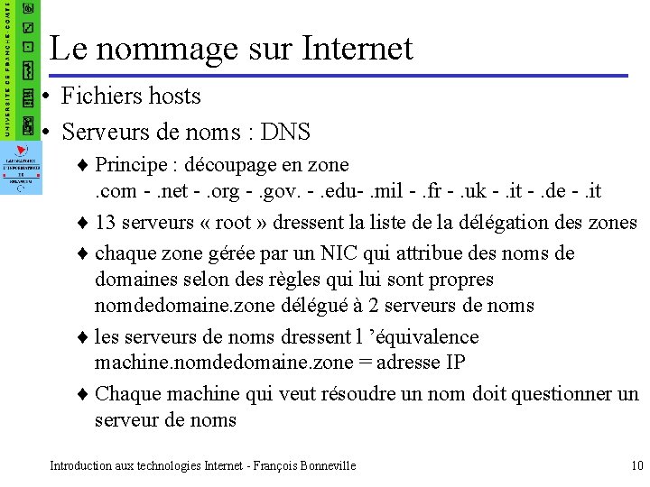 Le nommage sur Internet • Fichiers hosts • Serveurs de noms : DNS ¨