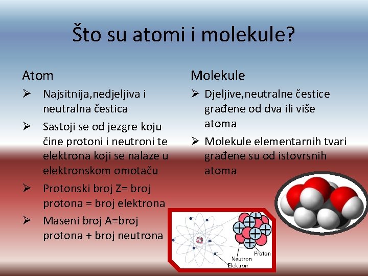 Što su atomi i molekule? Atom Molekule Ø Najsitnija, nedjeljiva i neutralna čestica Ø