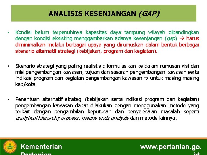 ANALISIS KESENJANGAN (GAP) • Kondisi belum terpenuhinya kapasitas daya tampung wilayah dibandingkan dengan kondisi