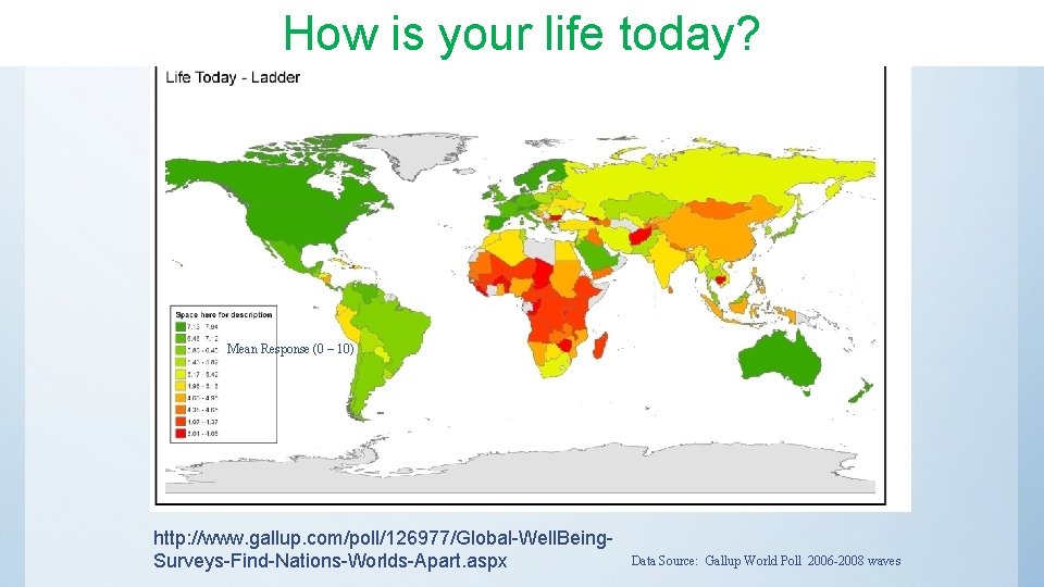 How is your life today? Mean Response (0 – 10) http: //www. gallup. com/poll/126977/Global-Well.