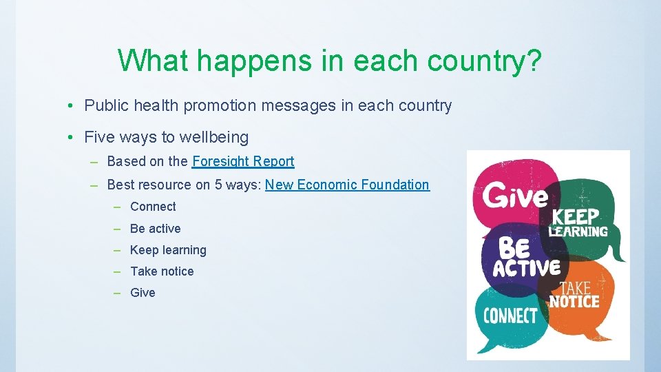 What happens in each country? • Public health promotion messages in each country •