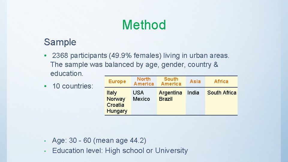 Method Sample • 2368 participants (49. 9% females) living in urban areas. The sample