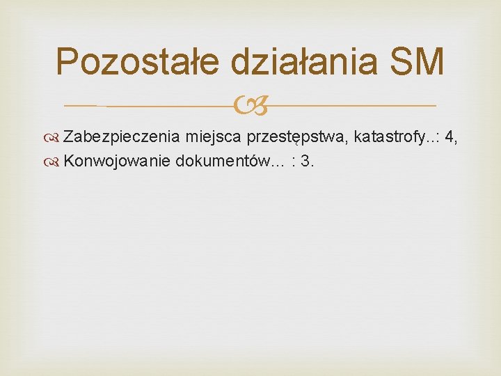 Pozostałe działania SM Zabezpieczenia miejsca przestępstwa, katastrofy. . : 4, Konwojowanie dokumentów… : 3.