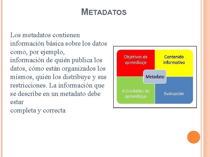 METADATOS Los metadatos contienen información básica sobre los datos como, por ejemplo, información de