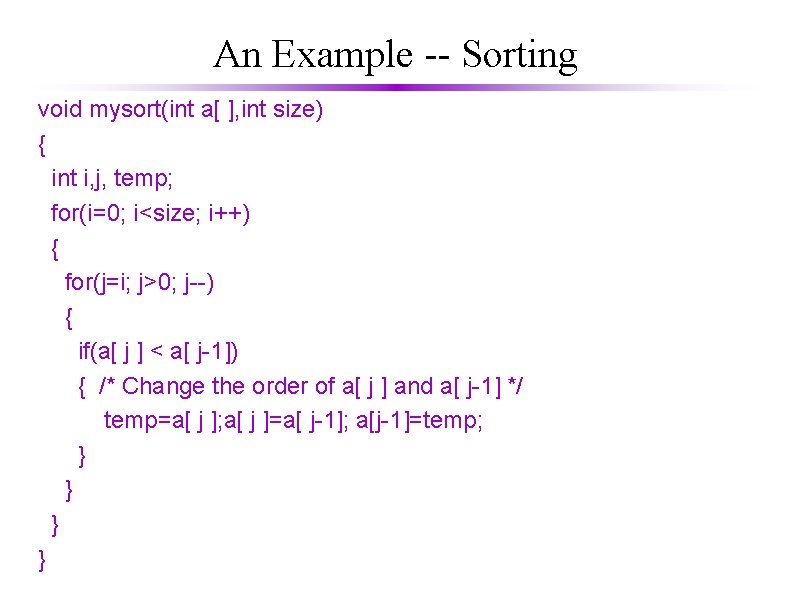 An Example -- Sorting void mysort(int a[ ], int size) { int i, j,