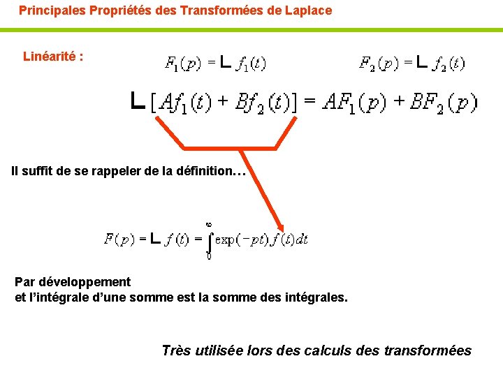 Principales Propriétés des Transformées de Laplace Linéarité : Il suffit de se rappeler de