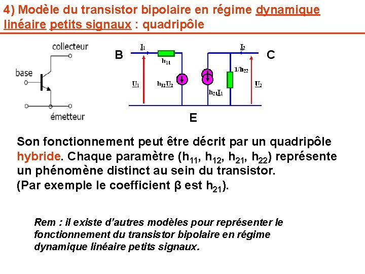 4) Modèle du transistor bipolaire en régime dynamique linéaire petits signaux : quadripôle B