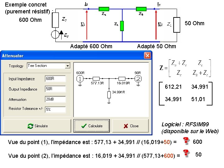 Exemple concret (purement résistif) : 600 Ohm 50 Ohm Adapté 600 Ohm Adapté 50