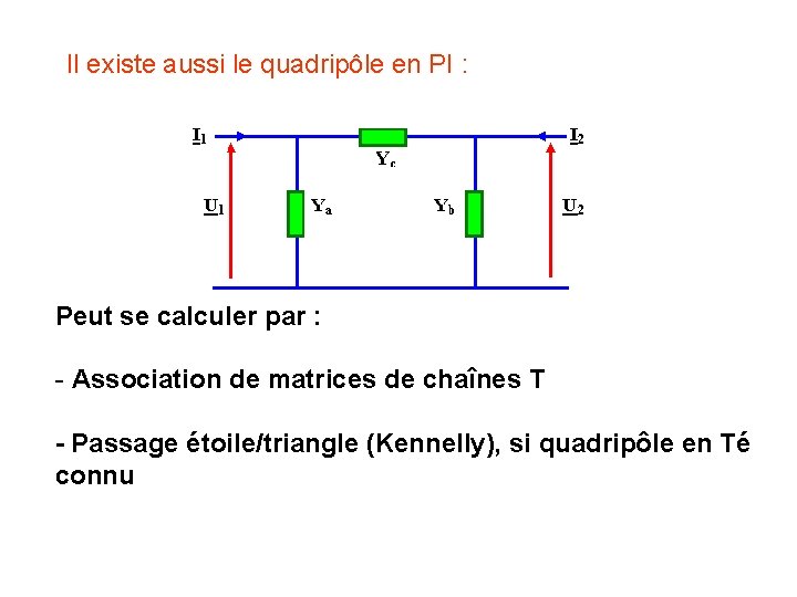 Il existe aussi le quadripôle en PI : Peut se calculer par : -