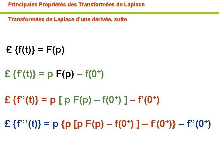 Principales Propriétés des Transformées de Laplace d’une dérivée, suite £ {f(t)} = F(p) £