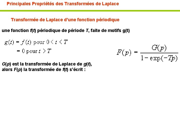 Principales Propriétés des Transformées de Laplace Transformée de Laplace d’une fonction périodique une fonction