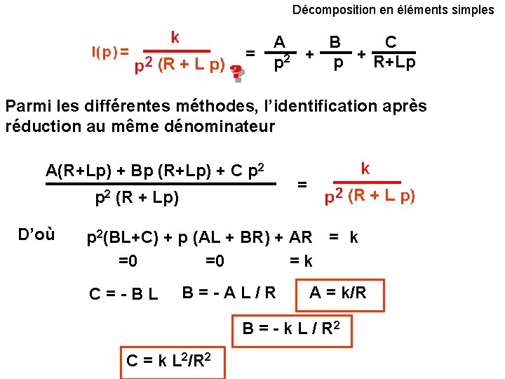 Décomposition en éléments simples = B C A p 2 + p + R+Lp