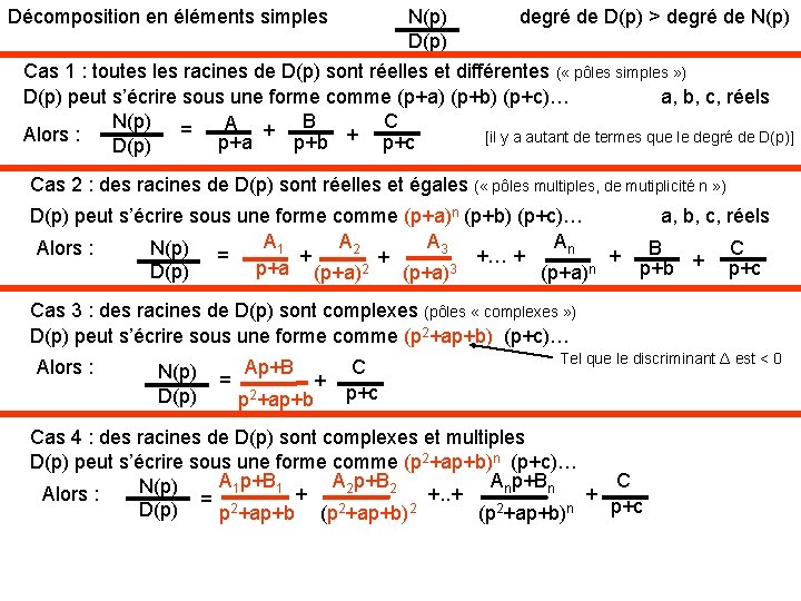 Décomposition en éléments simples N(p) D(p) degré de D(p) > degré de N(p) Cas