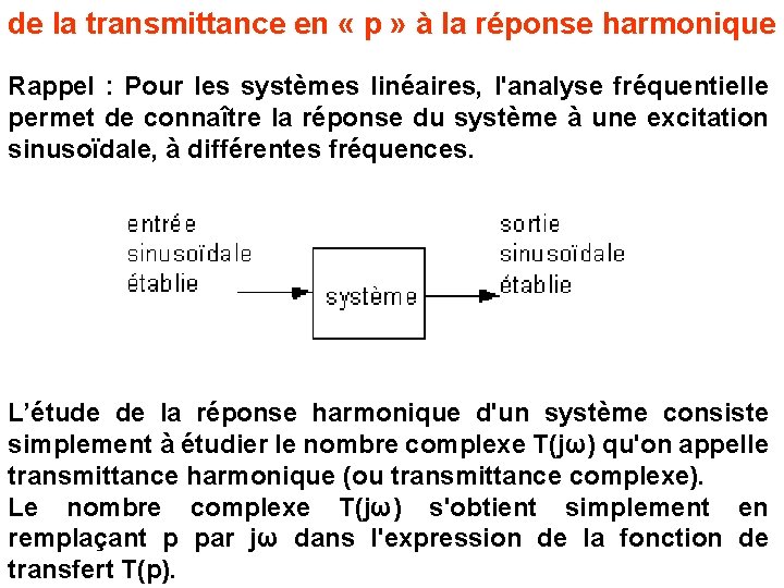 de la transmittance en « p » à la réponse harmonique Rappel : Pour