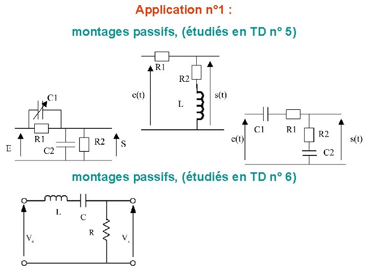 Application n° 1 : montages passifs, (étudiés en TD n° 5) montages passifs, (étudiés