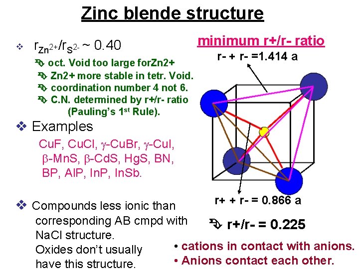 Zinc blende structure v r. Zn 2+/r. S 2 - ~ 0. 40 oct.