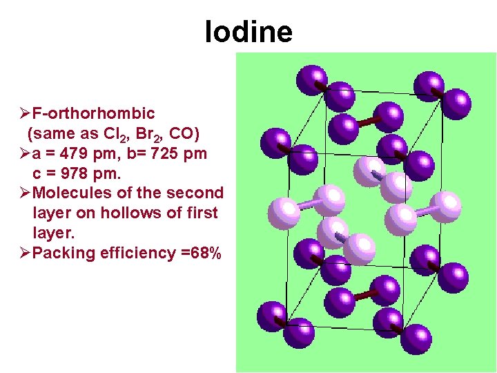Iodine ØF-orthorhombic (same as Cl 2, Br 2, CO) Øa = 479 pm, b=