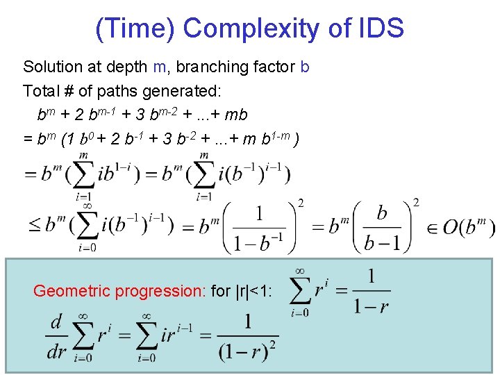 (Time) Complexity of IDS Solution at depth m, branching factor b Total # of