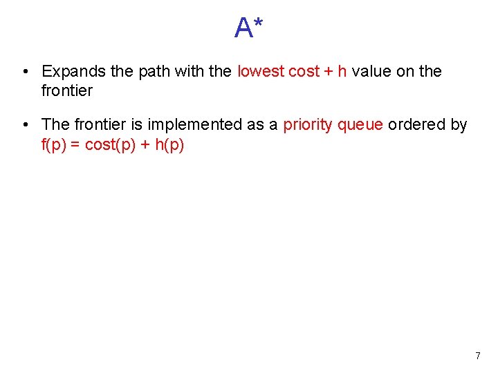 A* • Expands the path with the lowest cost + h value on the
