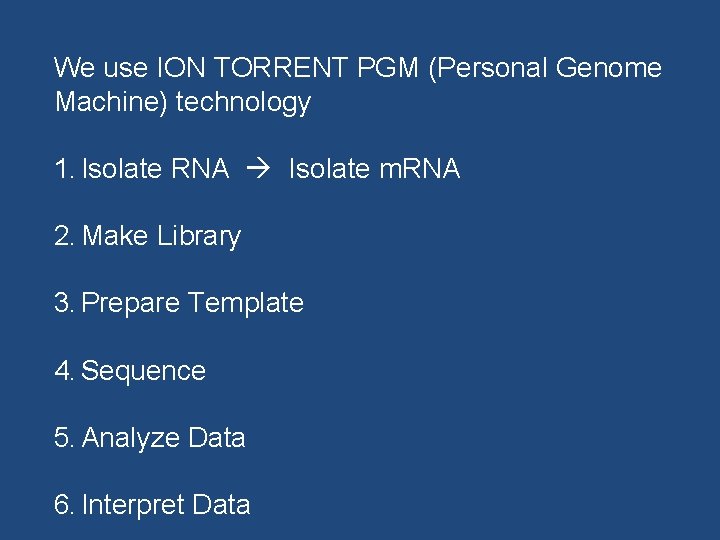 We use ION TORRENT PGM (Personal Genome Machine) technology 1. Isolate RNA Isolate m.