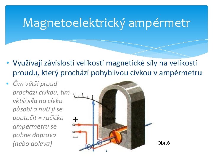 Magnetoelektrický ampérmetr • Využívají závislosti velikosti magnetické síly na velikosti proudu, který prochází pohyblivou