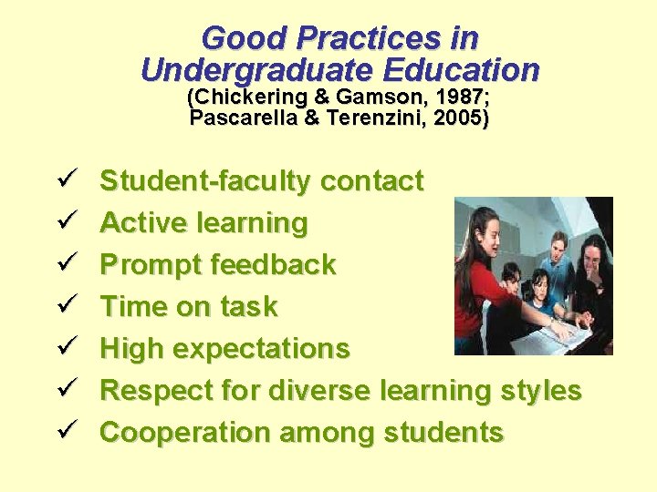 Good Practices in Undergraduate Education (Chickering & Gamson, 1987; Pascarella & Terenzini, 2005) ü
