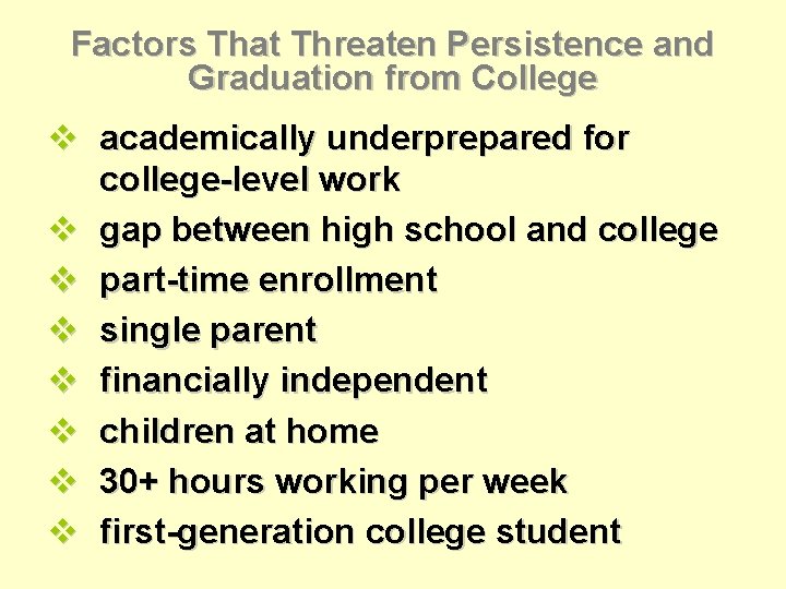 Factors That Threaten Persistence and Graduation from College v academically underprepared for college-level work