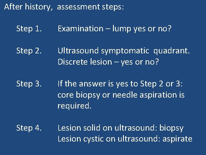 After history, assessment steps: Step 1. Examination – lump yes or no? Step 2.