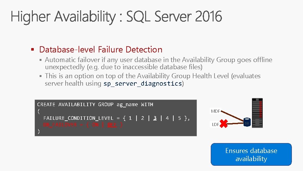 § Database-level Failure Detection § Automatic failover if any user database in the Availability