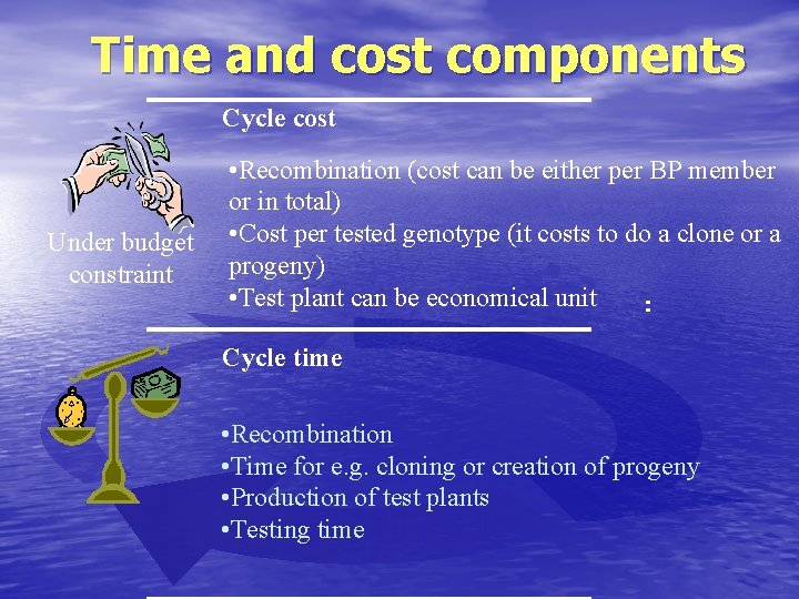 Time and cost components Cycle cost Under budget constraint • Recombination (cost can be