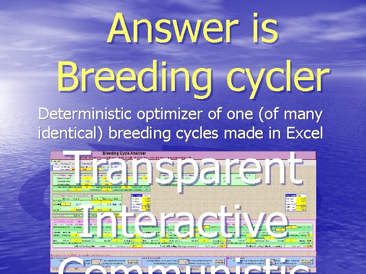 Answer is Breeding cycler Deterministic optimizer of one (of many identical) breeding cycles made