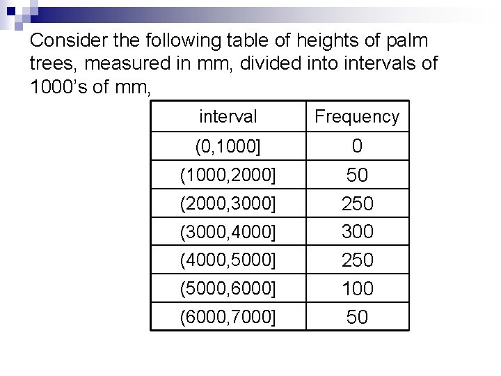 Consider the following table of heights of palm trees, measured in mm, divided into