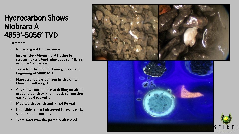 Hydrocarbon Shows Niobrara A 4853’-5056’ TVD Summary • None to good fluorescence • Instant-slow