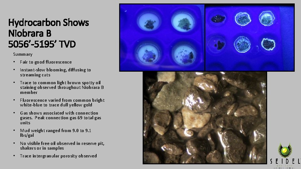 Hydrocarbon Shows Niobrara B 5056’-5195’ TVD Summary • Fair to good fluorescence • Instant-slow