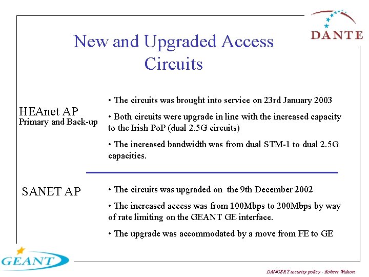 New and Upgraded Access Circuits HEAnet AP Primary and Back-up • The circuits was