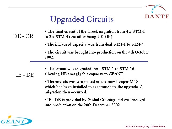 Upgraded Circuits DE - GR • The final circuit of the Greek migration from