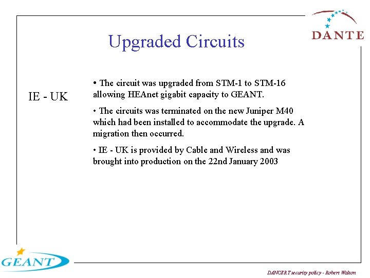 Upgraded Circuits • The circuit was upgraded from STM-1 to STM-16 IE - UK