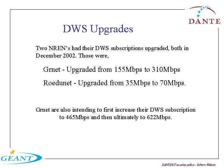 DWS Upgrades Two NREN’s had their DWS subscriptions upgraded, both in December 2002. Those