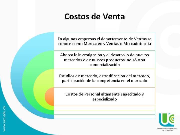 Costos de Venta En algunas empresas el departamento de Ventas se conoce como Mercadeo