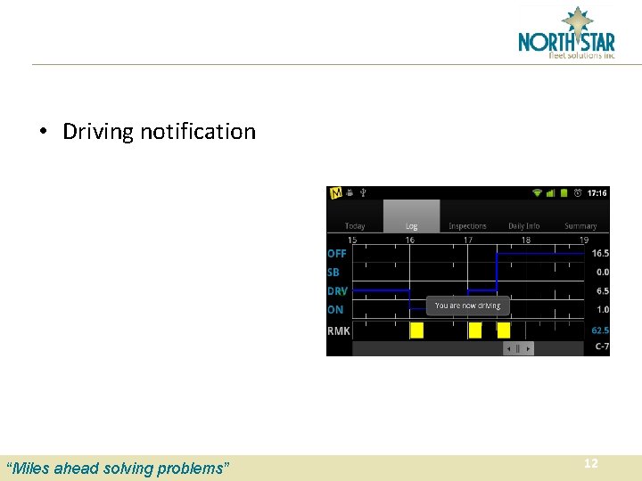  • Driving notification “Miles ahead solving problems” 12 