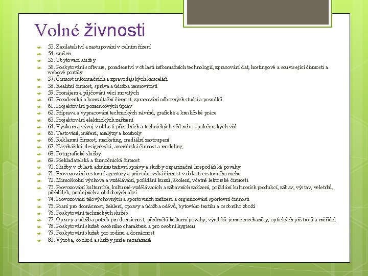 Volné živnosti 53. Zasilatelství a zastupování v celním řízení 54. zrušen 55. Ubytovací služby