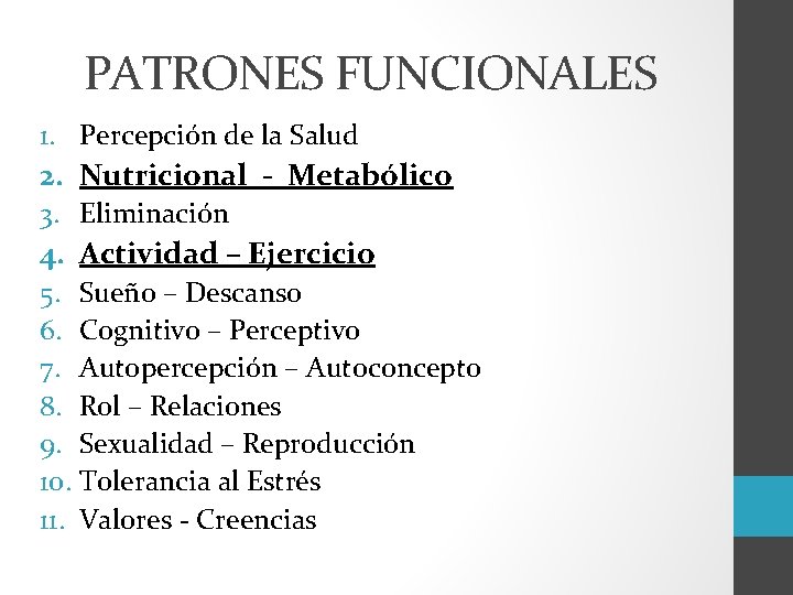 PATRONES FUNCIONALES 1. Percepción de la Salud 2. Nutricional - Metabólico 3. Eliminación 4.