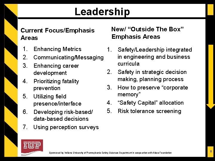 Leadership Current Focus/Emphasis Areas 1. Enhancing Metrics 2. Communicating/Messaging 3. Enhancing career development 4.