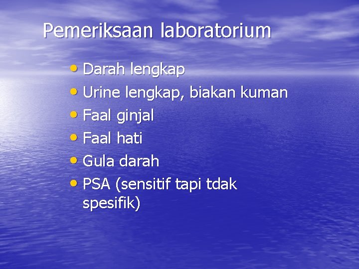 Pemeriksaan laboratorium • Darah lengkap • Urine lengkap, biakan kuman • Faal ginjal •
