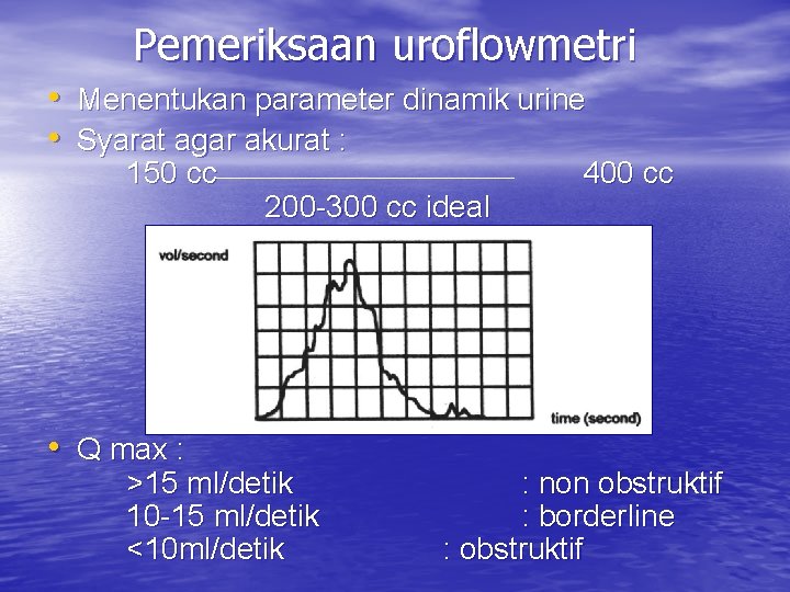 Pemeriksaan uroflowmetri • Menentukan parameter dinamik urine • Syarat agar akurat : 150 cc