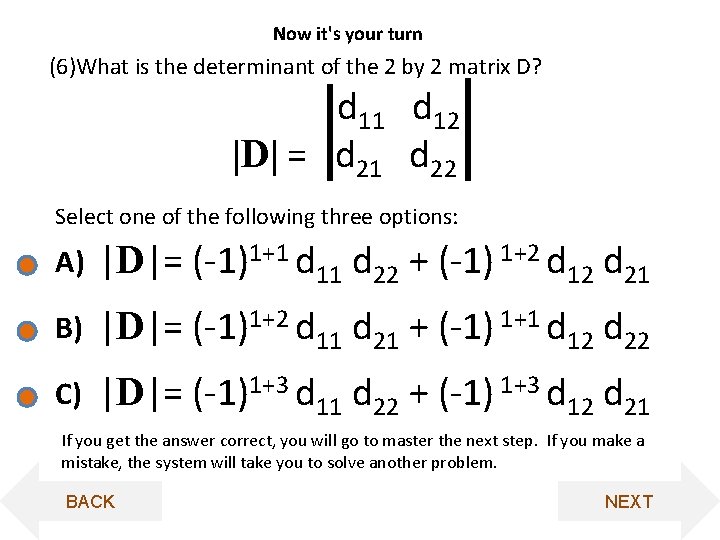 Now it's your turn (6)What is the determinant of the 2 by 2 matrix